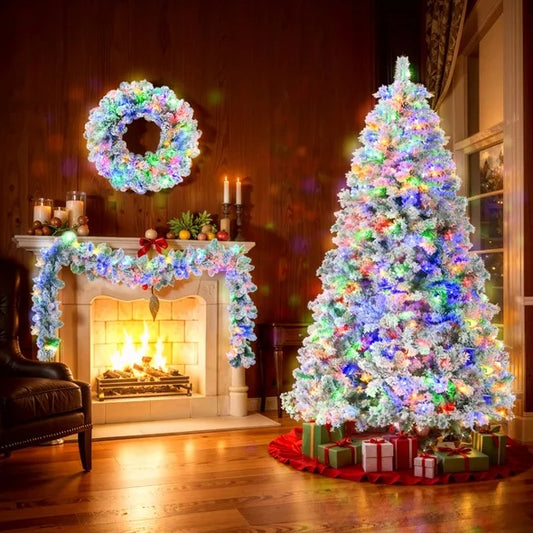 6FT Snow Flocked Christmas Tree Set with Pre-Lit Garland and Wreath