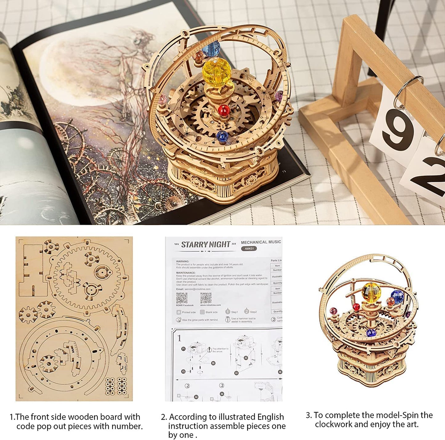 Rotating Starry Night 3D Wooden Puzzle Music Box Kit