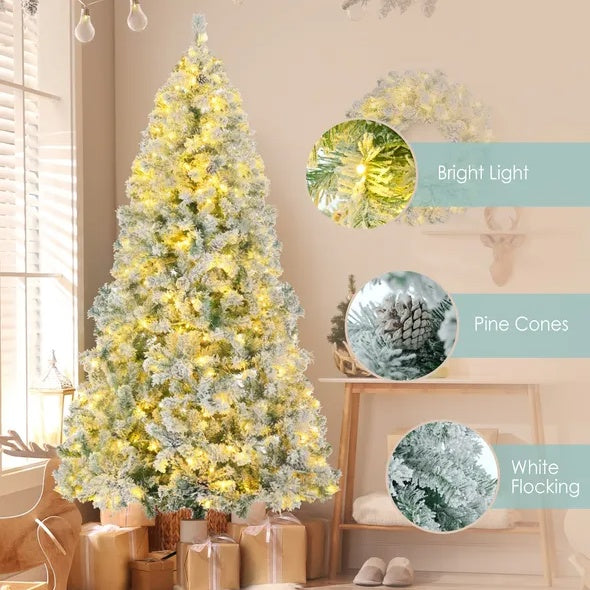 6FT Snow Flocked Christmas Tree Set with Pre-Lit Garland and Wreath