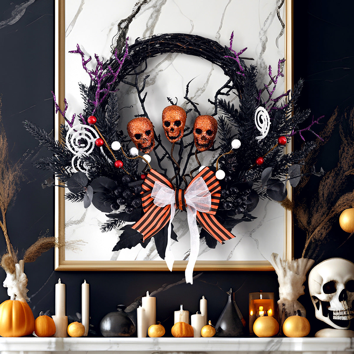 Halloween Floral Skull Wreath