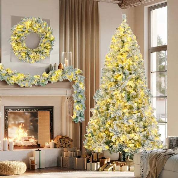 6FT Snow Flocked Christmas Tree Set with Pre-Lit Garland and Wreath