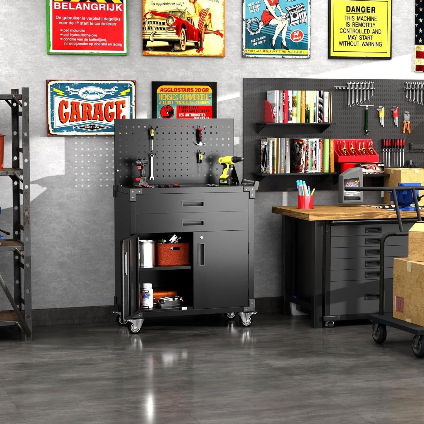 Rolling Tool Cart with Pegboard and 4 Hooks