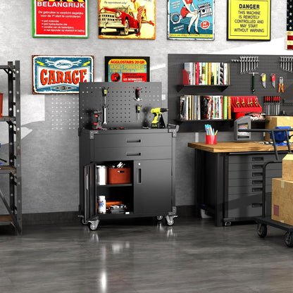 Rolling Tool Cart with Pegboard and 4 Hooks