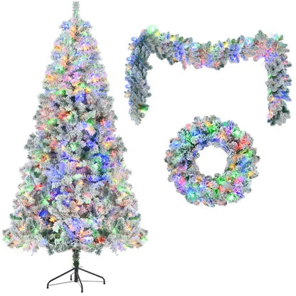 6FT Snow Flocked Christmas Tree Set with Pre-Lit Garland and Wreath
