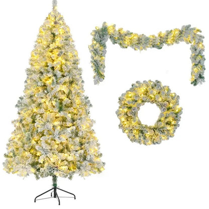 6FT Snow Flocked Christmas Tree Set with Pre-Lit Garland and Wreath