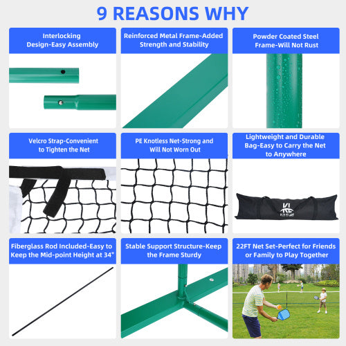 22 FT Portable Pickleball Net with Metal Frame – Easy Setup for Indoor and Outdoor Play, USAPA Regulation Size 5