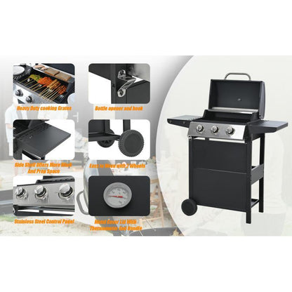 Three-Burner Propane Grill with Stainless Steel Construction and Built-in Thermometer