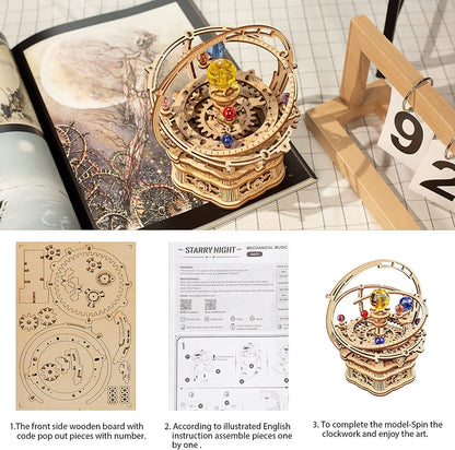 Rotating Starry Night 3D Wooden Puzzle Music Box Kit