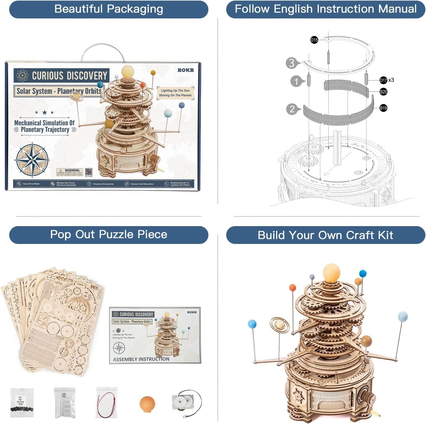 Rotatable Mechanical Orrery 3D Wooden Puzzle Kit