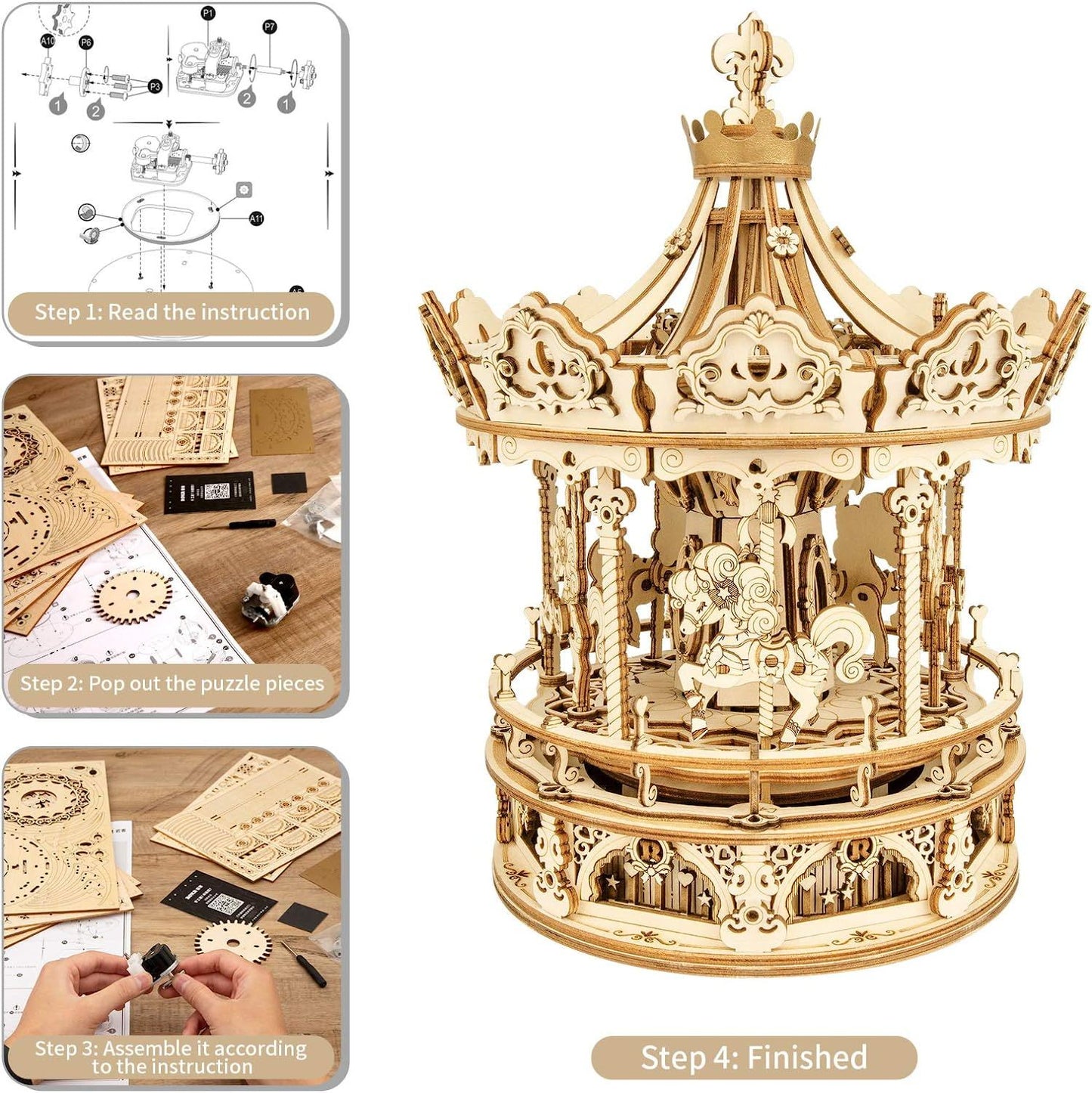 3D Wooden Puzzle Carousel Music Box Kit