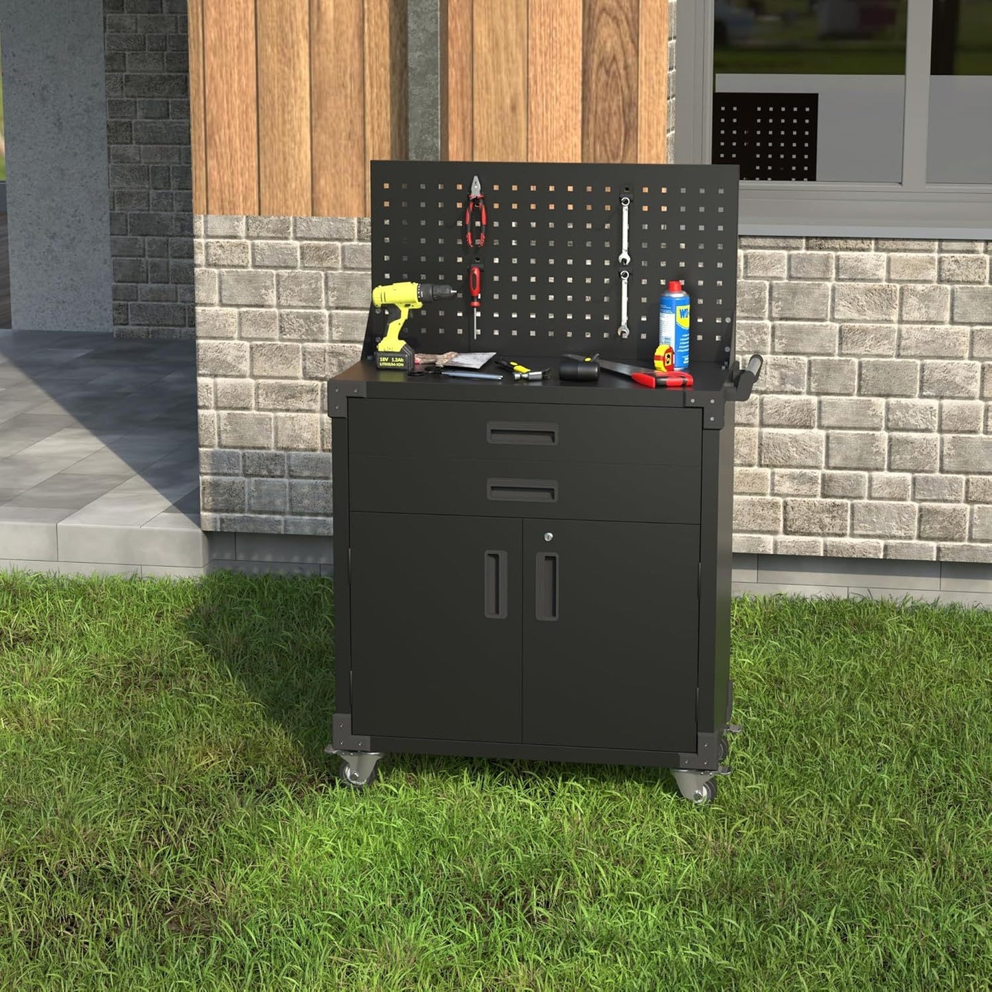 Rolling Tool Cart with Pegboard and 4 Hooks