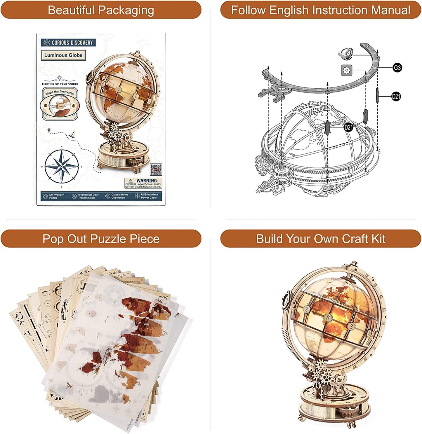 3D Wooden Globe Model Building Kit
