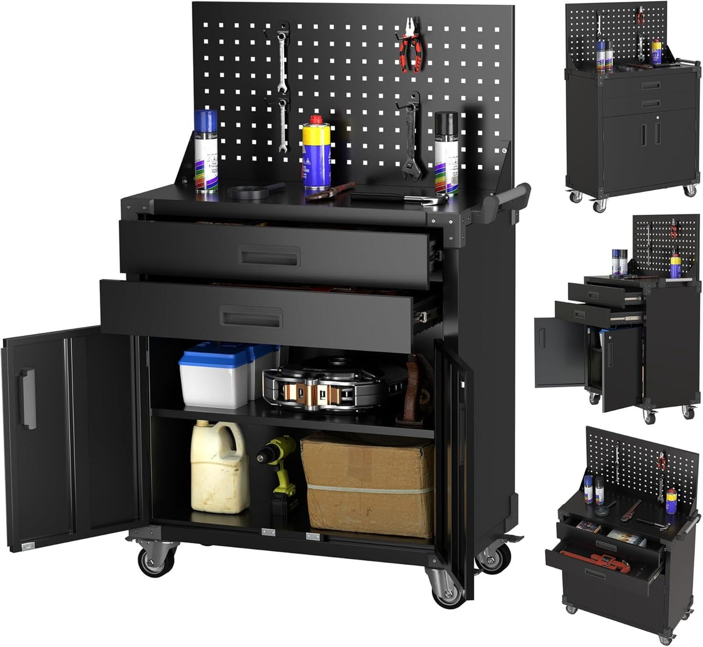 Rolling Tool Cart with Pegboard and 4 Hooks