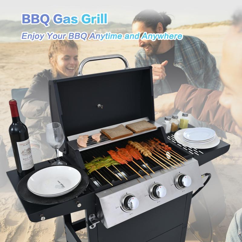 Three-Burner Propane Grill with Stainless Steel Construction and Built-in Thermometer
