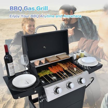 Three-Burner Propane Grill with Stainless Steel Construction and Built-in Thermometer