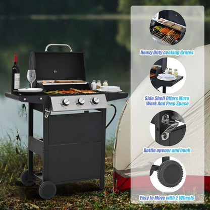 Three-Burner Propane Grill with Stainless Steel Construction and Built-in Thermometer